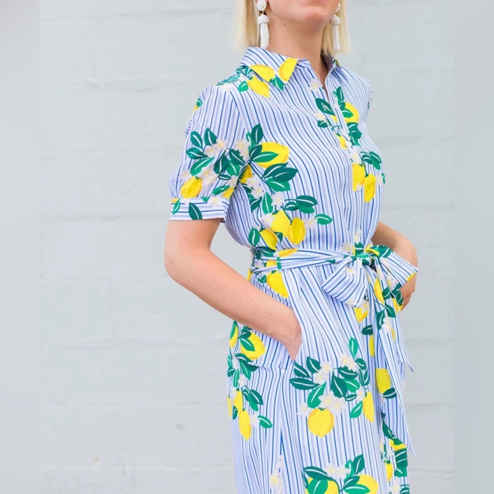 DRAPER JAMES Collection Lemon Blossom Floral Silk Maxi Shirtdress - Sz 0 - Picture 2 of 11